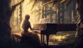 A lady playing piano at sun shine forest image generative AI Royalty Free Stock Photo