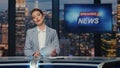 Lady presenter reading news at studio closeup. Anchorwoman talking live report Royalty Free Stock Photo