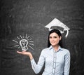 Lady presents a light bulb as a concept of university degree. Graduation hat is drawn above her head.