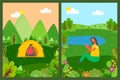 Camping People, Man in Tent and Woman Reading