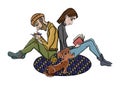 Lady reading and gentleman knitting on the carpet with a dog Royalty Free Stock Photo