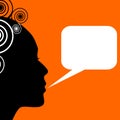 Lady with rectangle callout box, profile silhouette with curly haircut on orange background. Blank white speech bubble Royalty Free Stock Photo