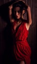 Lady in red pose on wooden background. Royalty Free Stock Photo