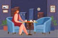 Lady resting, reading and drinking coffee at home. Female character on background of night city view Royalty Free Stock Photo