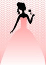 Lady with rose in pink gown on pink background with wavy patterns. Silhouette of head, shoulders and arms in black. Design for bal