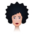 Lady`s face. Black hair, violet eyes. The head of the girl in full face. Colored vector illustration. Hairstyle short curls.