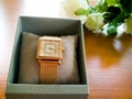 Lady`s gold rose watch in the luxury box Royalty Free Stock Photo