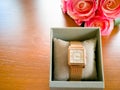 Lady`s gold rose watch in the luxury box Royalty Free Stock Photo