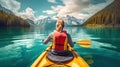 A Lady\'s Kayaking Adventure amidst a Breathtaking Lake Landscape. Generative AI