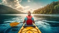 A Lady\'s Kayaking Adventure amidst a Breathtaking Lake Landscape. Generative AI