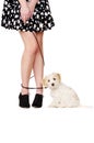 Lady's legs tangled with a puppy on a black lead