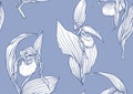 Lady's slipper orchid. Cypripedioideae. Seamless pattern, background.