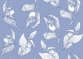 Lady's slipper orchid. Cypripedioideae. Seamless pattern, background.