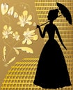 Lady silhouette with golden vintage flowers on golden grid Royalty Free Stock Photo