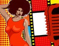 Lady singer soul music, red dress. Retro mic and vinyl on the background. Vector image