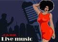 Lady singer soul music, red dress. Retro mic and vinyl on the background. Vector image