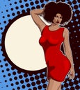 Lady singer soul music, red dress. Retro mic and vinyl on the background. Vector image