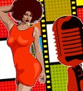 Lady singer soul music, red dress. Retro mic and vinyl on the background. Vector image