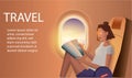 Lady is sitting in airplane looking out at shiny sun through window. Vector flat style cartoon illustration