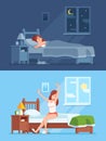Lady sleeping under duvet at night, waking up in morning and stretching sitting on mattress. Woman sleep in bed cartoon vector Royalty Free Stock Photo