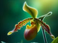 Lady slipper orchid on green colour natural background.