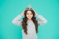 Lady small baby princess. Number one. Kid wear golden crown symbol of princess. Girl cute baby wear crown blue Royalty Free Stock Photo