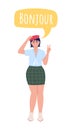 Lady speaking french language semi flat color vector character with speech bubble