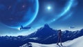 A lady standing on the peak looking at vast mountain scenery viewable of habitable planet in the sky, on an unknown planet