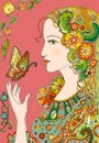 Lady Summer with flowers and butterflies. Colorful doodle