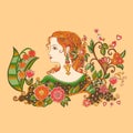 Lady Summer with flowers. Colorful doodle portrait of beautiful girl in profile.