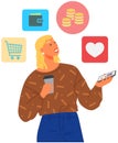 Lady surrounded by online shopping icons. Woman chooses goods in Internet store social media app Royalty Free Stock Photo