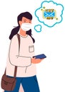 Lady with text me lettering in speech bubble. Girl in protective face mask chatting with smartphone