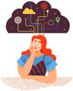 Lady with thoughts in shape of cloud. Development of thinking to deal with problems, find solutions