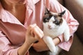 Lady Threatening Cat Showing Clenched Fist At Home, Cropped