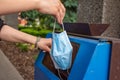 Lady throwing away used mask in a blue dump. Example of improper disposal of medical masks. Coronavirus masks disposal concept