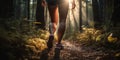 Lady trail runner on forest path with close up of legs. Generative AI Royalty Free Stock Photo