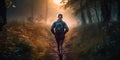 A lady trail runner moving swiftly on a forest path at the break of dawn with the suns first rays casting an abstract bokeh light Royalty Free Stock Photo