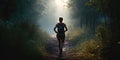 Lady trail runner running on forest path at dawn with abstract bokeh light. Generative AI Royalty Free Stock Photo