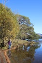 Lady, trees, autumn colors, shore of Derwentwater