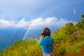 Lady try to catch the rainbow on Pha Hin Dum viewpoint Royalty Free Stock Photo