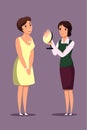 Lady trying on necklace flat vector illustration