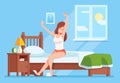 Lady wakes up morning. Lady is sitting on mattress cartoon vector concept