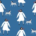 Lady walking the dalmatian. Funny purebred dog and woman in white dress and red beret. Seamless pattern.