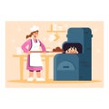 Lady in white apron and protective hat putting bread in oven. Oven modern manufacture with equipment