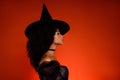 Lady witch fantasy novel character look profile side view on copyspace red background advertise halloween festival Royalty Free Stock Photo