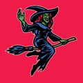 Lady wizard riding the flying broom