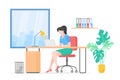 Lady working with laptop flat vector illustration. Secretary, student studying, freelancer cartoon character. Remote job