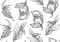 Lady's slipper orchid, Cypripedioideae, Seamless pattern, background.