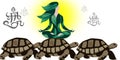 Lady yoga meditation on walking tortoises with Sanskrit words vector illustration