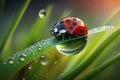 ladybird on a leaf with dew drops beautiful colorful ladybug, Spring summer fresh artistic image of beautiful nature.